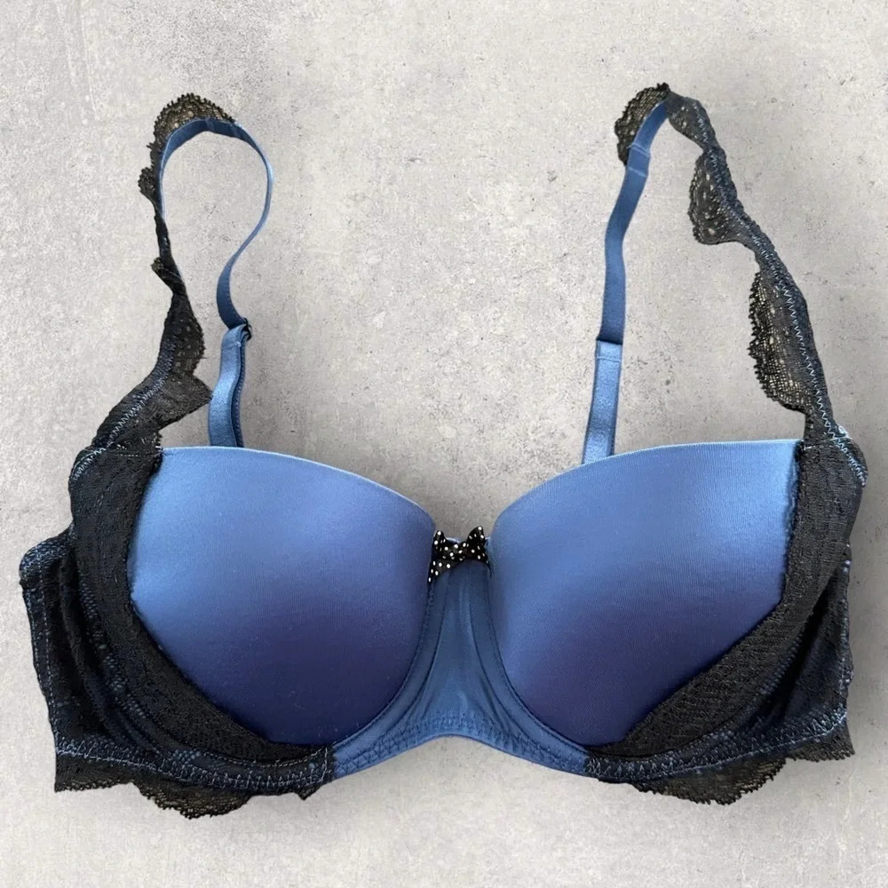 Victorias Secret size 34C Blue Black Lace Balconet Bra Underwire Sexy Satin 2011